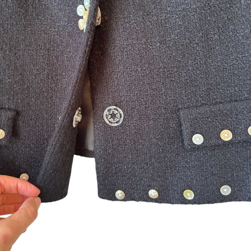 London Times Tweed Mother of Pearl Button Crop Jacket Blazer Sz 6 Black Business - Picture 7 of 13